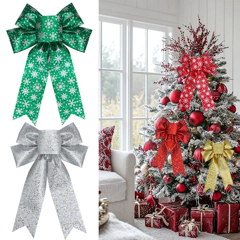 Glitter Large Christmas Bow Ornament Sparkling Star Snowflake Butterfly Bow Decoration For Xmas Tree Topper Party Holiday Gift Box