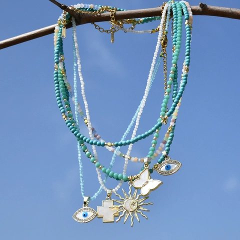 Bohemian Beaded Necklace Women 316 Stainless Steel Alloy Crystal Turquoise Shell Butterfly Evil Eye Sun Moon Pendant Y2K