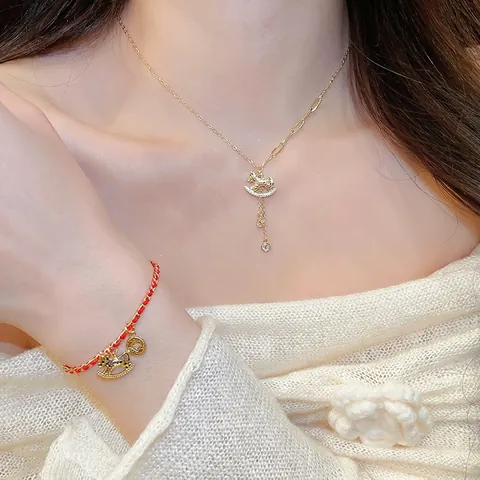 Rocking Horse Necklace Red String Bracelet 925 Sterling Silver Earring Post Gold Plated Copper Jewelry Cubic Zirconia
