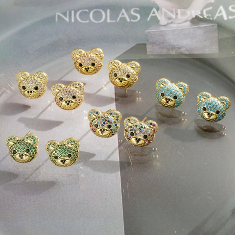 Cute Teddy Bear Head Stud Earrings Copper Micro Paved Colorful Zirconia Hip Hop Fashion Jewelry For Women