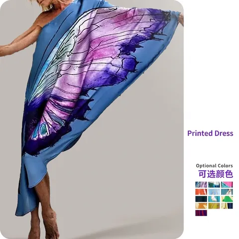One Shoulder Maxi Kleid Bedruckt Lose Satin Satin Ähnlich Elegant Strand Urlaub Lange Weite Ärmel Übergroß Für Damen