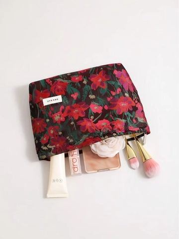 Vintage Blumen Jacquard Kosmetiktasche Goldfaden Leinwand Make-Up Aufbewahrungsbeutel Reissverschluss Reise Organizer Damen
