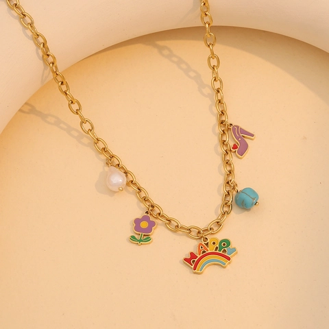 Stainless Steel Gold Plated Necklace Bracelet Earrings Cute Rainbow Happy Flower Enamel Charms Fashion Jewelry For Women