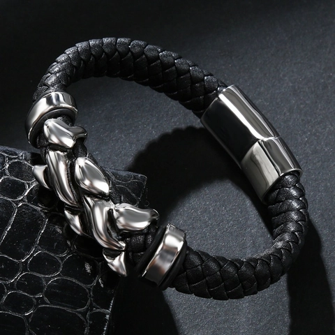 Pulsera De Cuero Trenzado Para Hombre Con Cabeza De Dragón De Aleación Cierre Magnético Joyería Punk Hip Hop
