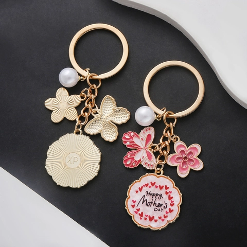 Happy Mother's Day Keychain Zinc Alloy Enamel Butterfly Flower Heart Pendant Artificial Pearl Keyring For Mom Women Gift
