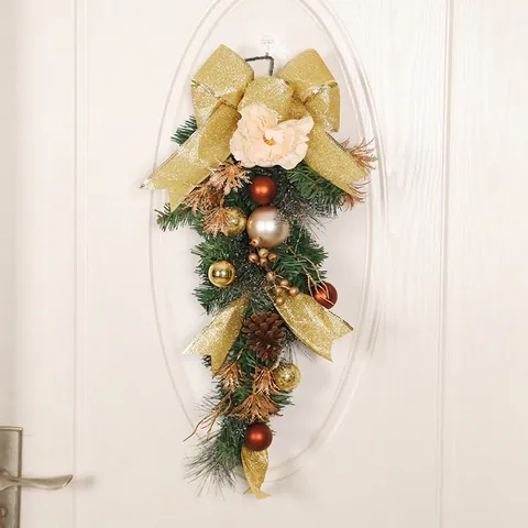 Décoration Suspendue En Forme De Goutte De Noël Aiguilles De Pin Artificielles Avec Nœud Doré Pommes De Pin Boules Fleurs Pour Mur Porte