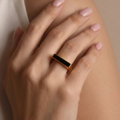 Geometric Square Ring Stainless Steel With Black Acrylic Inlay Minimalist Modern Style Unisex Jewelry Gift