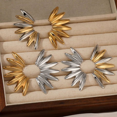 Roestvrijstalen Radiale Blad Oorbellen Sunburst Geometrisch Onregelmatig Statement Punk Hip Hop Goud Zilver Tweekleurig PVD
