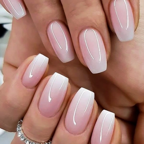 Glossy Ombre Gradient Press On Nails Pink White Coffin Shape Elegant Daily Wear Fake Nails For Women