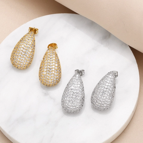 Elegant Copper Teardrop Earrings For Women Gold Silver Plated Sparkling Zirconia Inlaid Minimalist Fashion Jewelry Ear Studs