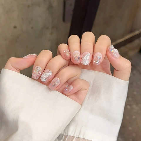 Unghie Finte Artigianali 3D Farfalla Sfumatura Rosa Viola Perla Artificial Strass Brillanti Dolci Unghie Finte Per Donna