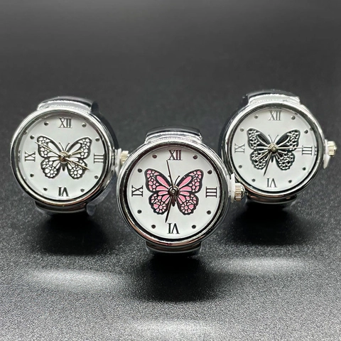 Vintage Butterfly Pattern Ring Watch Silver Alloy Elastic Band Quartz Finger Watch For Women Roman Numerals Round Dial Jewelry Gift