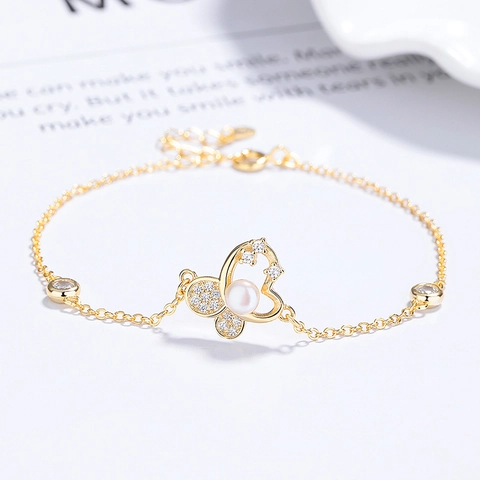 Pulsera De Mariposa Y Perla Artificial De Plata De Ley 925 Con Circonita Ajustable Joyería Elegante Para Mujer