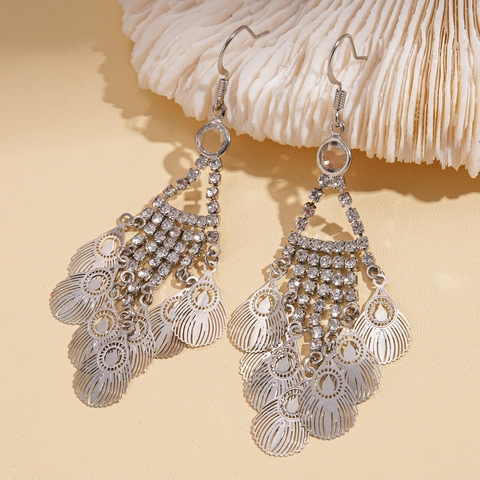 Hohle Blatt Quaste Tropfen Ohrringe Kupfer Strass Bohemian Stil Hängen Schmuck Für Frauen Silberton