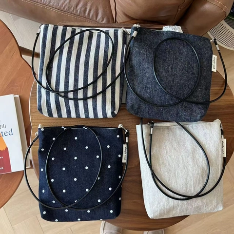 Mini Crossbody Bag Denim Canvas Striped Polka Dot Small Phone Pouch With Leather Strap Vintage Japanese Style Women