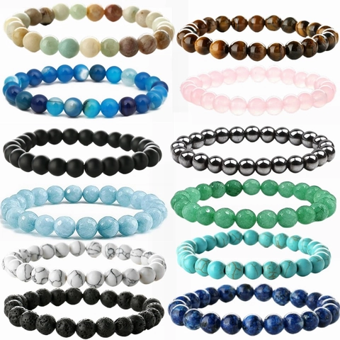 Natural Stone Round Beaded Bracelet Tiger Eye Agate Lava Yoga Healing Elastic Handmade Jewelry Unisex