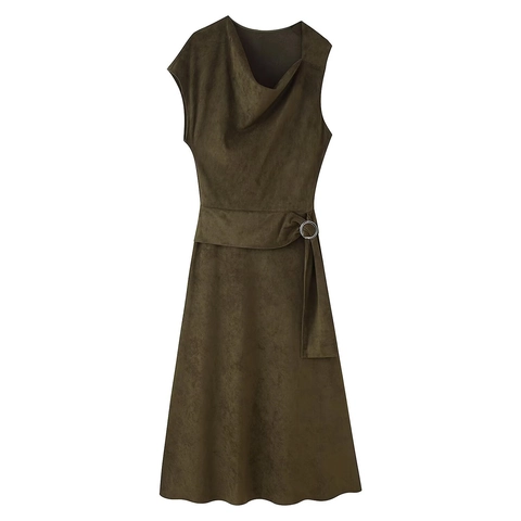 Maxikleid Wildlederimitat Ärmellos Stehkragen Asymmetrischer Saum Olivgrün Hohe Taille Plissee Sexy Slim Fit Elegant