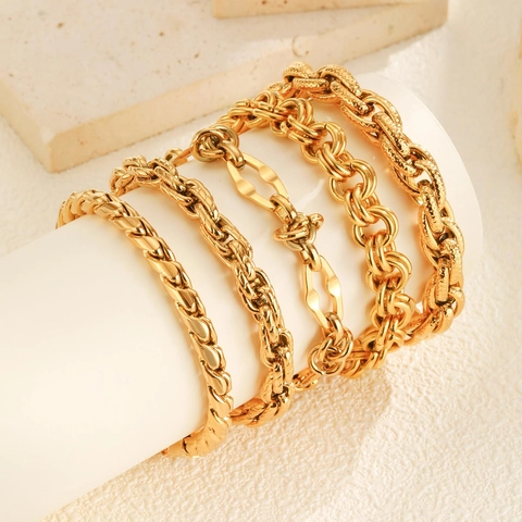 Bracciale a Catena Torsadée in Acciaio Inossidabile con Goffratura da Donna Placcato Oro 18K Maglia Grossa Gioielli