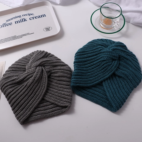 Women Knit Turban Hat Soft Cotton Cross Twist Knot Beanie Bohemian Vintage Winter Warm Headwear Headwrap