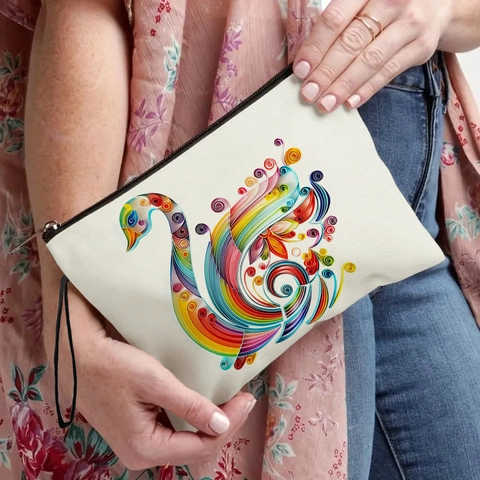 Borsa Da Trucco In Lino Fine Con Stampa Cigno Colorato Astuccio Per Cosmetici Con Cerniera E Cinturino Da Polso Organizzatore Viaggio