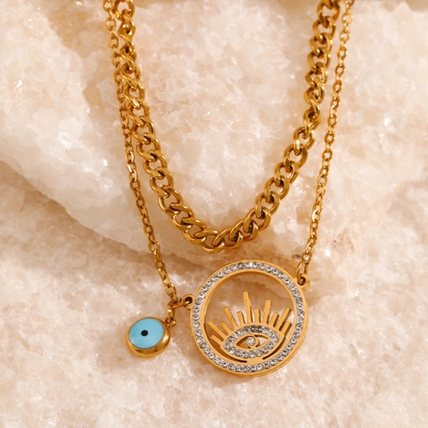 Stainless Steel Double Layer Evil Eye Pendant Necklace Gold Plated Rhinestone Bohemian Fashion Jewelry For Women