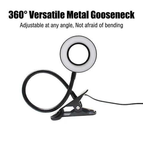 LED Magnifying Ring Light Clip On Reading Desk Lamp With Flexible Metal Gooseneck Multiple Color Modes Dimmable For Studio