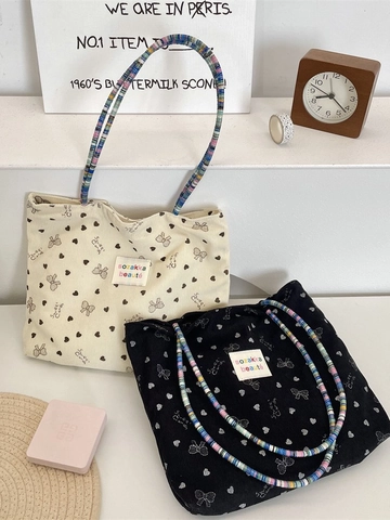 Sac Fourre-Tout En Velours Côtelé Pour Femmes Nœud Douce Imprimé Cœur Poignée Perles Colorées Sac Bandoulière Doublure Toile