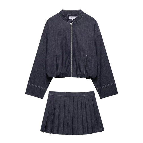 Marineblauwe Dames Denim Stijl Bomberjack Met Rits En Hoge Taille Geplooide Minirok Ballon Pasvorm Casual Streetwear