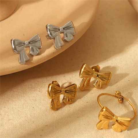Bow Knot Jewelry 18K Gold Plated Stainless Steel Textured Stud Earrings And Adjustable Opening Ring For Women Elegant Niche Design