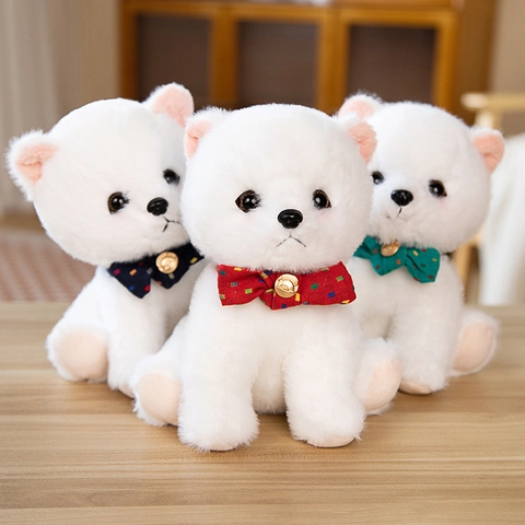 Pomeranian Plush Toy White Soft Dog Stuffed Animal With Bowtie Bell For Kids Gift Home Office Decor Cute Sitting Puppy
