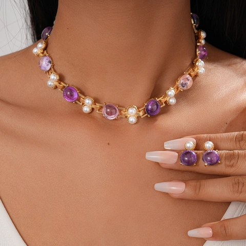 Parure Gioielli Collana E Orecchini Stile Palazzo Vintage Lega Con Pietre Resina Viola E Perla Artificial Imitazione