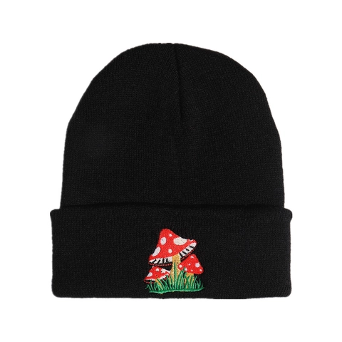 Acrylic Knitted Beanie Hat With Cartoon Frog Mushroom Alien Embroidery Cuffed Warm Winter Skull Cap For Men Women