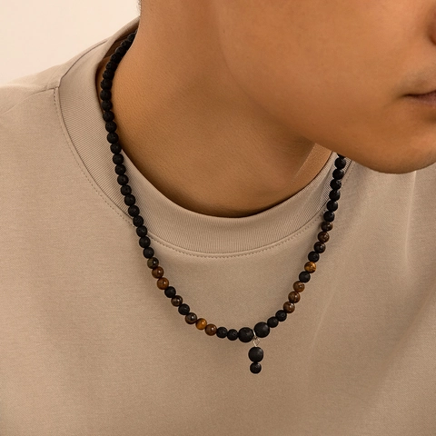 Men Beaded Necklace With Natural Black Lava Rock And Brown Tiger Eye Stone Beads Handmade Hip Hop Style Adjustable Jewelry