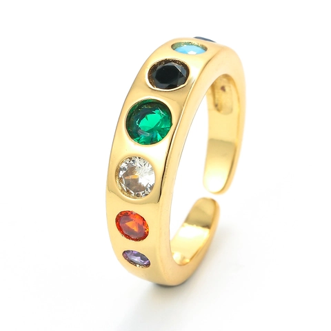 Mode Kupfer Mikro Eingelegt Bunter Runder Zirkonia Verstellbarer Offener Ring Für Damen Minimalistischer Regenbogen Schmuck