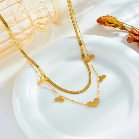 Double Layer Necklace Stainless Steel Gold Heart Pendant Mother Of Artificial Pearl Shell Inlay Chic Elegant Snake Chain For Women