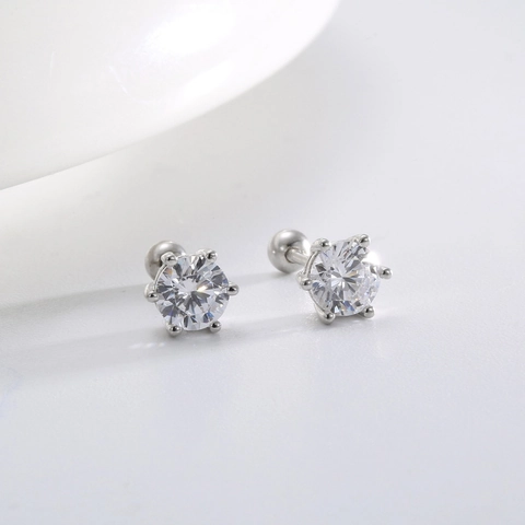 Orecchini A Lobo In Argento Sterling 925 Zirconia Cubica Rotonda Sei Griffe Chiusura A Vite Gioielli Per Donne