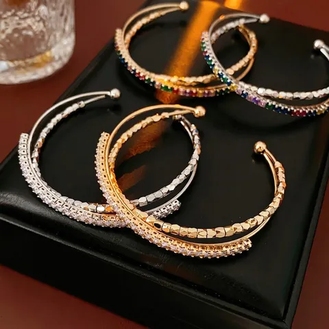 Double Layer Cross Open Bangle Copper Bracelet With Colorful Zircon Inlay Geometric Luxury Fashion Jewelry For Women