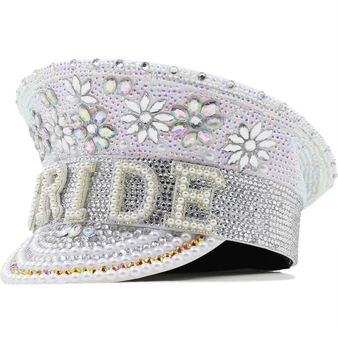 Luxurious White Wedding Military Hat For Bride Artificial Pearl Rhinestone Beaded Party Captain Hat For Performance Women