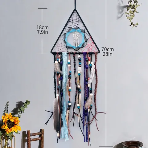 Acchiappasogni Triangolare Boho Decorazione Da Parete Artigianale Con Piume Perline In Legno Corda Cotone Pizzo