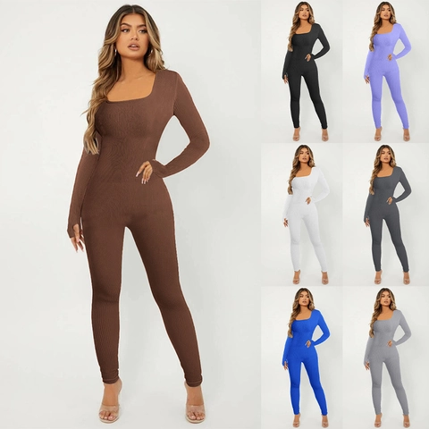 Women Square Neck Long Sleeve Ribbed Knit Jumpsuit Slim Fit Butt Lifting Yoga Fitness Sexy Solid Color Unitard Romper