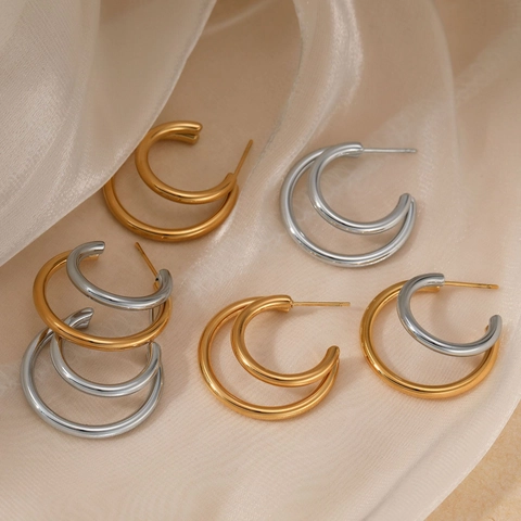 Doppelring C-Form Ohrringe Mit Edelstahl Ohrstecker PVD Vergoldet Geometrische Minimalistische Hypoallergener Schmuck Für Frauen