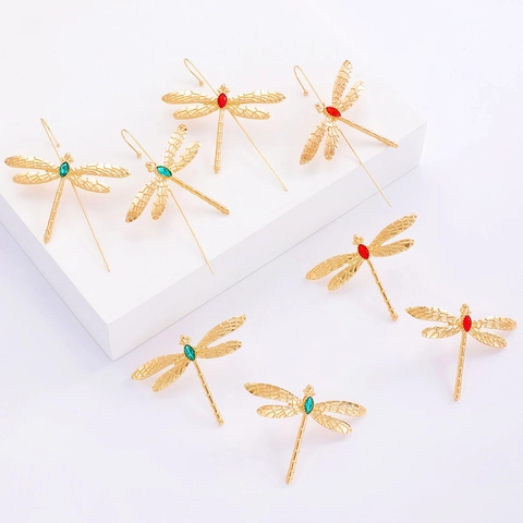 Vintage Gold Alloy Dragonfly Earrings With Faux Gemstones Animal Ear Wrap And Stud Earrings For Women Jewelry Gift