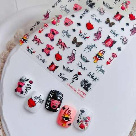 5D Relief Nail Art Stickers Punk Y2K Style 3D Self Adhesive Decals Cartoon Cat Teddy Bear Heart Street Fashion For Women