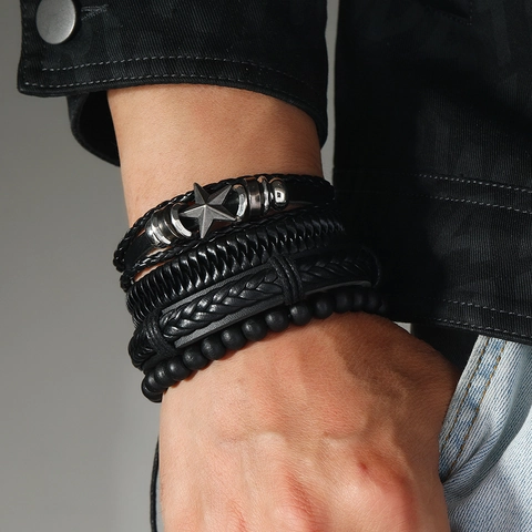 Herren Lederarmband Mit Legierung Stern Holz Wachsdraht Geflochten Mehrlagig Retro Vintage Schmuck Verstellbar