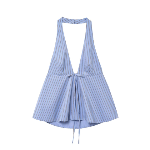Women Halter Neck Top Backless Deep V-Neck Bow Knot Peplum Hem Striped Solid Polyester Summer Casual Camisole