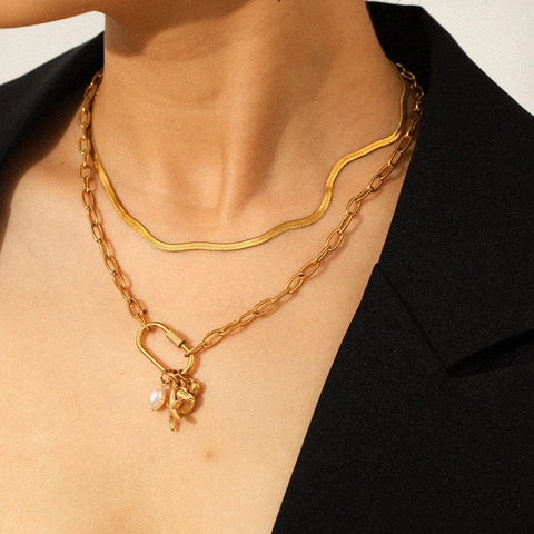 Collana A Strati In Acciaio Inossidabile Placcato Oro 18K Con Ciondoli Perla Artificial Stella Marina Conchiglia Cuore Gioielli Donna