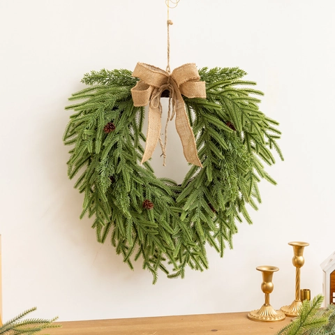 Ghirlanda Natalizia A Forma Di Cuore Aghi Di Pino Artificiali Fiocco In Lino Pigne Naturali Decorazione Da Porta Stile Rustico