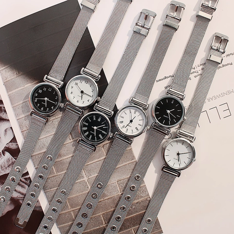 Reloj Cuarzo Mujer Caja Aleación Correa Malla Plata Retro Simple Esfera Redonda Analógico