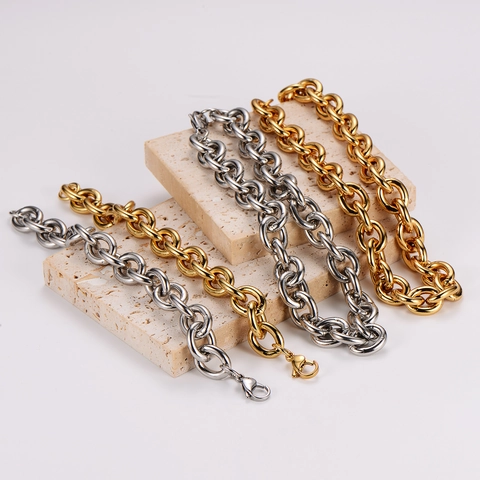 Collar Y Pulsera De Cadena De Eslabones Gruesos De Acero Inoxidable Galvanizado Joyería Hip Hop Para Hombres Mujeres