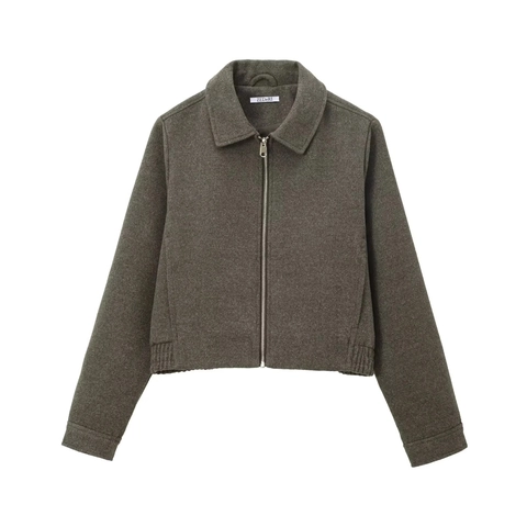 Dames Twill Tweed Wollen Jas Met Rits Reverskraag Lange Mouwen Losse Pasvorm Casual Korte Bovenkleding Grijs